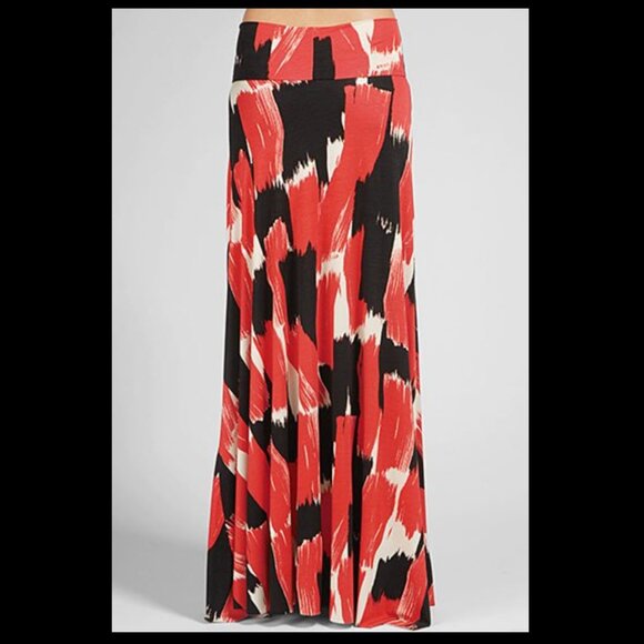 Rachel Pally XS Long Full Maxi Skirt Fold Over Waist Black Red Printed Jersey - Picture 1 of 8